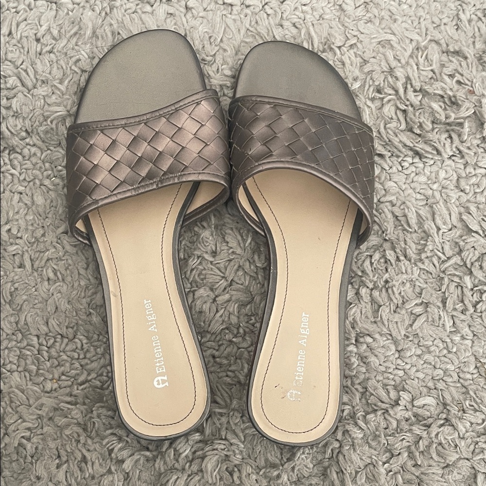 Etienne Aigner Woven Metallic Grey Slide Sandals, 7.5, GUC